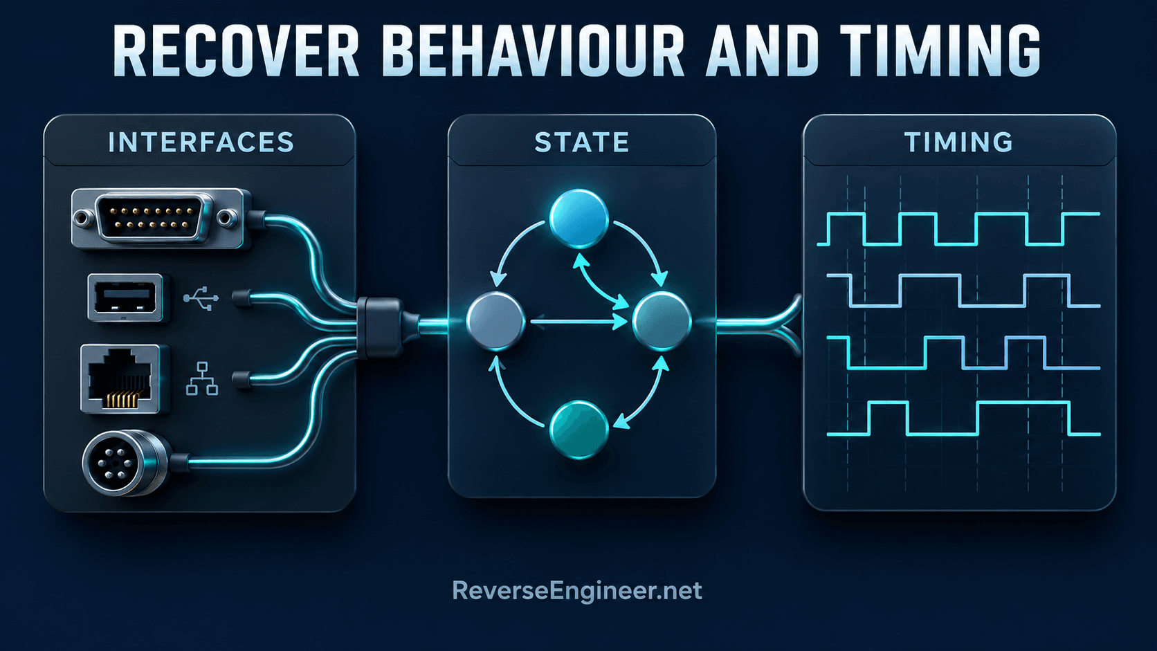 Interfaces, state and timing displayed with connectors, a state graph and waveforms.