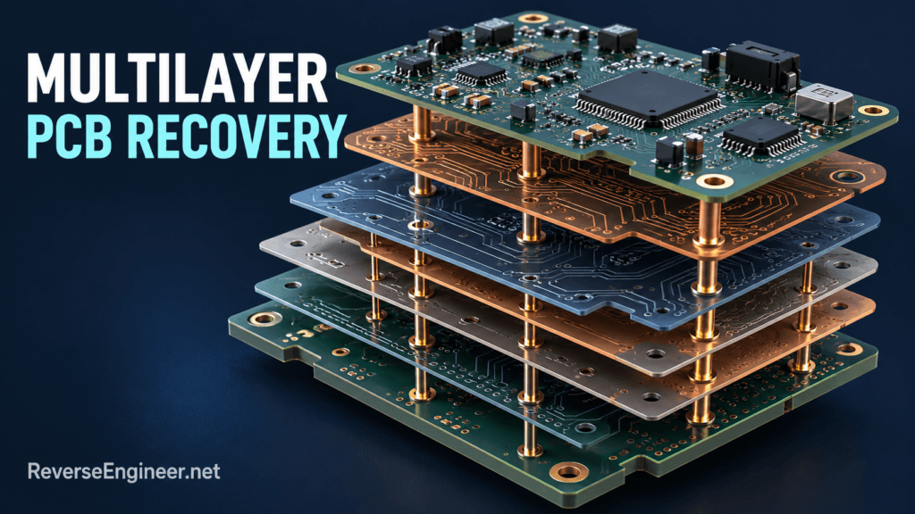 Exploded conceptual PCB showing separated copper layers and a component surface.