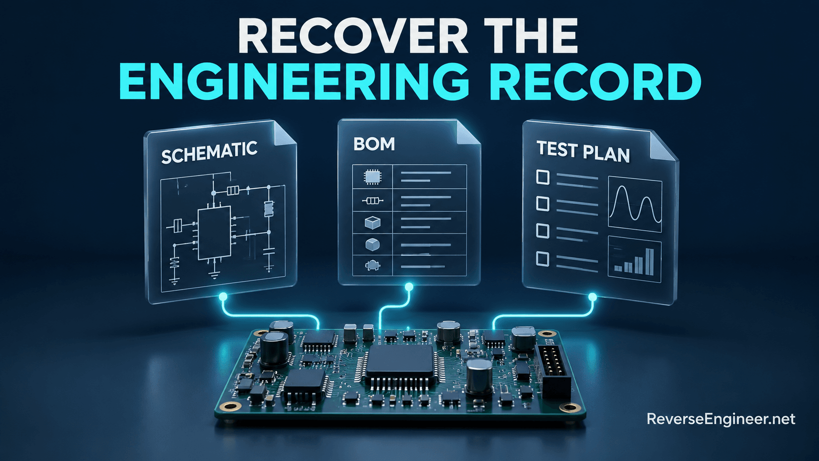 Schematic, bill of materials and test-plan documents beside a circuit board.
