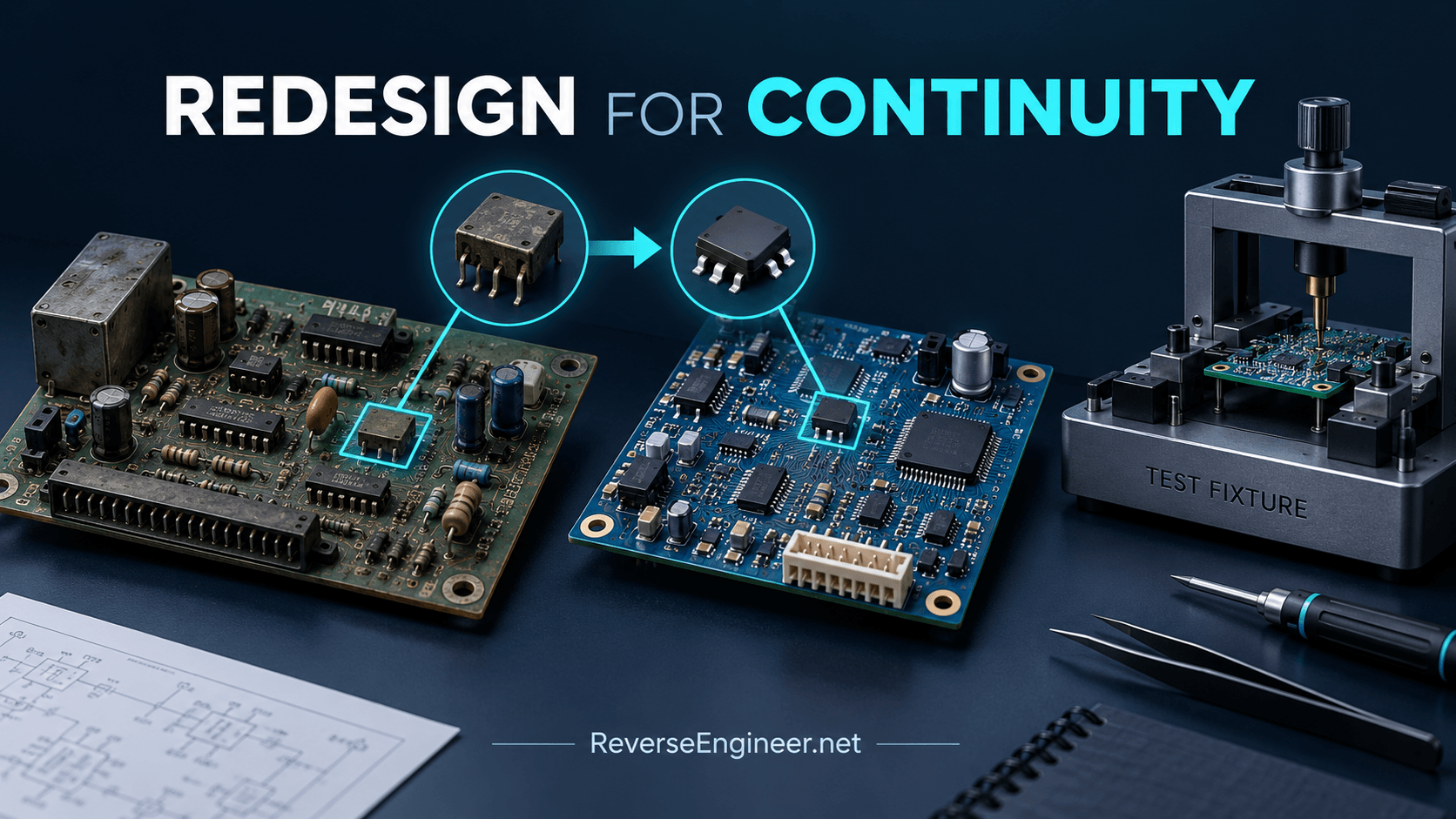 Older board and replacement candidate beside component substitutions and a test fixture.