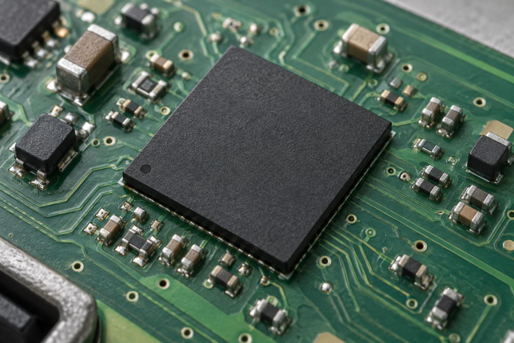 Illustrative macro photograph of a generic automotive microcontroller