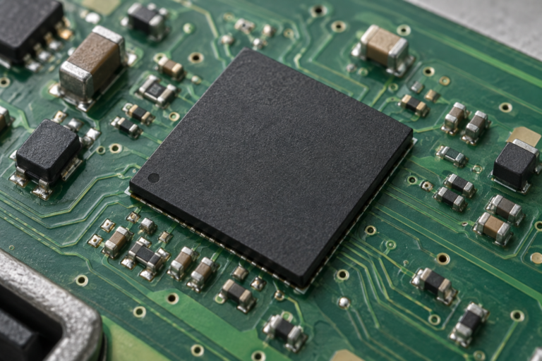 Illustrative macro photograph of a generic automotive microcontroller
