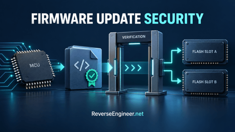 Firmware package passing through a verification gate toward two conceptual flash slots.