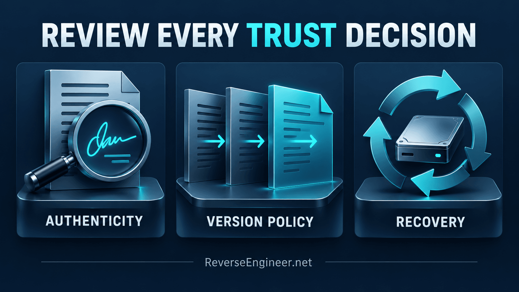Authenticity, version policy and recovery displayed as three trust decisions.