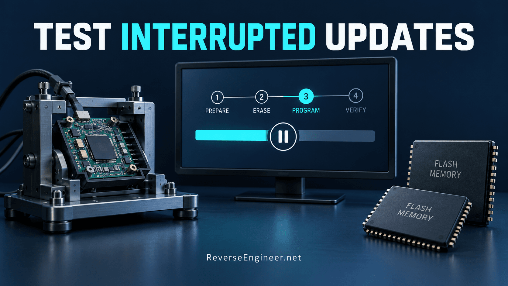 Embedded test fixture beside an interrupted update timeline and flash-memory blocks.
